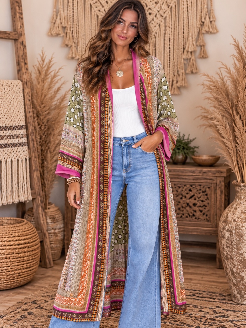 One Hundred Stars Long Open-Front Kimono Cardigan — Olive & Pink